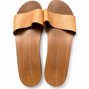 Splendid Leather Slide Sandals Wood Footbed Tan Minimalist Size 9.5